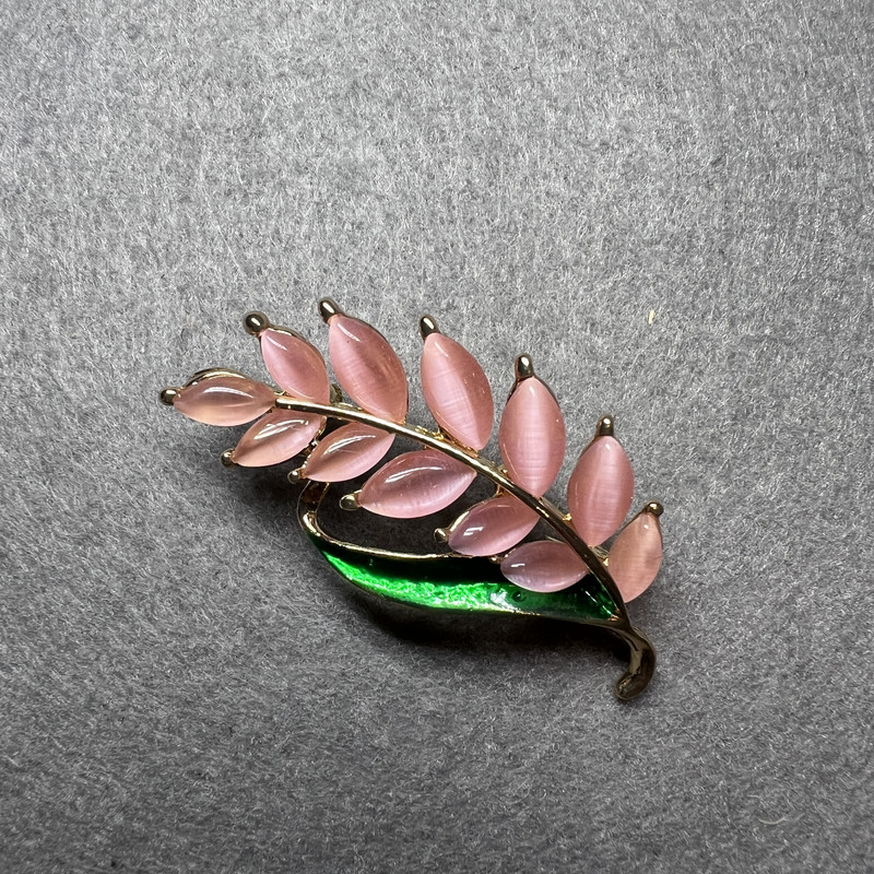 Brooch Branch Pink Cat's Eye, green enamel, golden metal 22x47mm