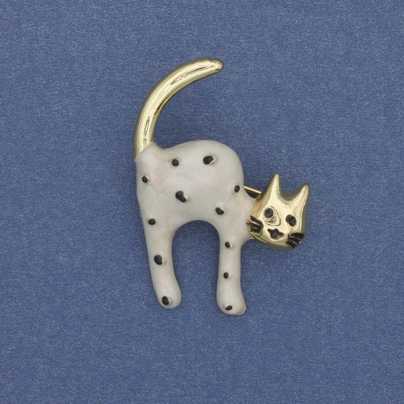 Brooch Cat White and Black Mother-of-Pearl, Golden Metal 28x37mm