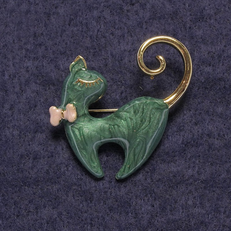 Brooch Cat Green Pearlized, golden metal 37x38mm