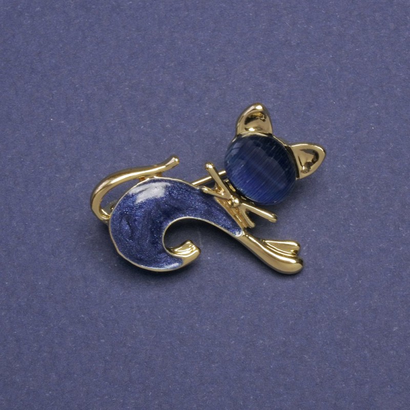 Brooch Cat blue cats-eye, blue mother-of-pearl, gold-tone metal 28x23mm