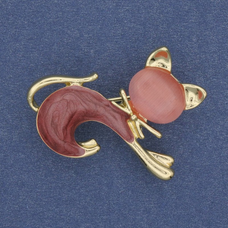 Brooch Cat Pink Cat's Eye Stone, Pink Pearl, Gold-Tone Metal 28×23mm