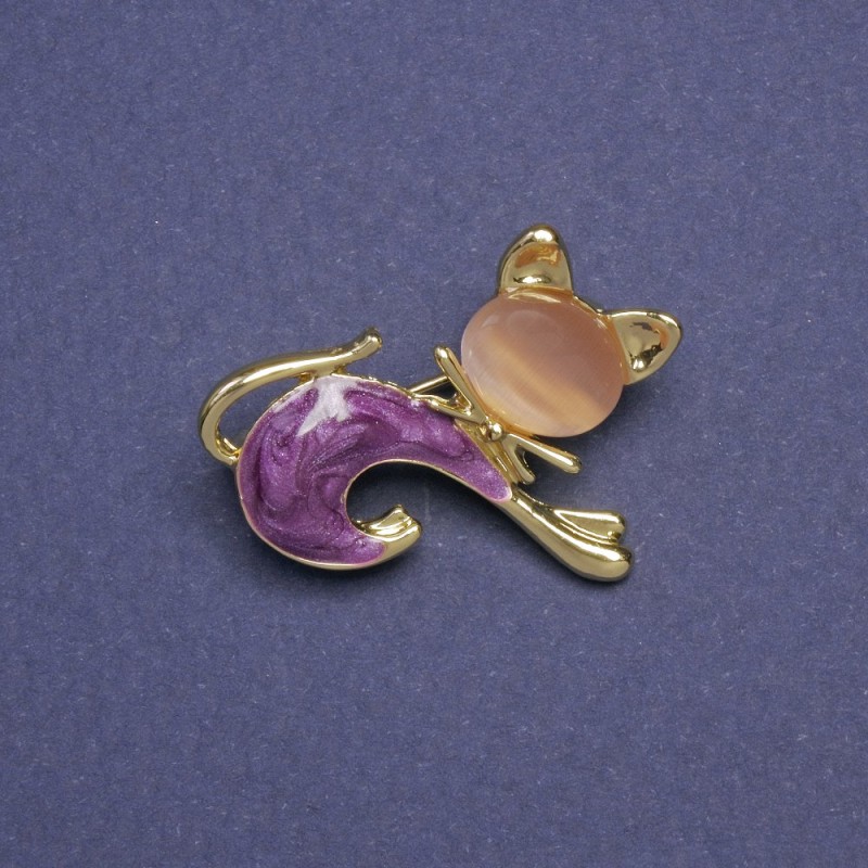 Brooch Cat beige cat's eye, purple pearl, golden metal 28x23mm