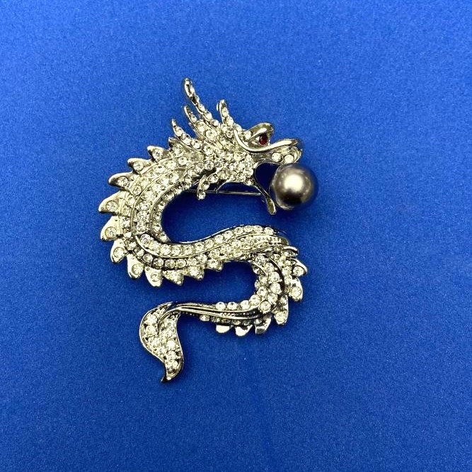 Dragon Brooch in Silver Metal with White Rhinestones, Gray Bead, 45x64mm