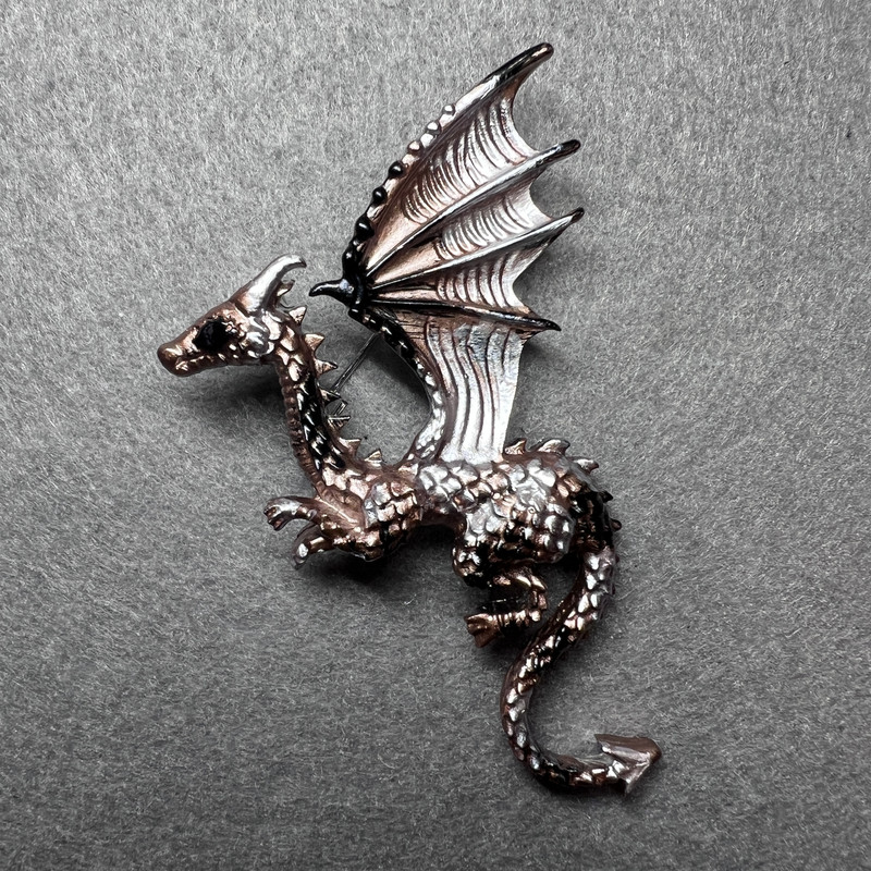 Brooch Dragon bronze matte with black enamel and silver-toned metal 42×66mm