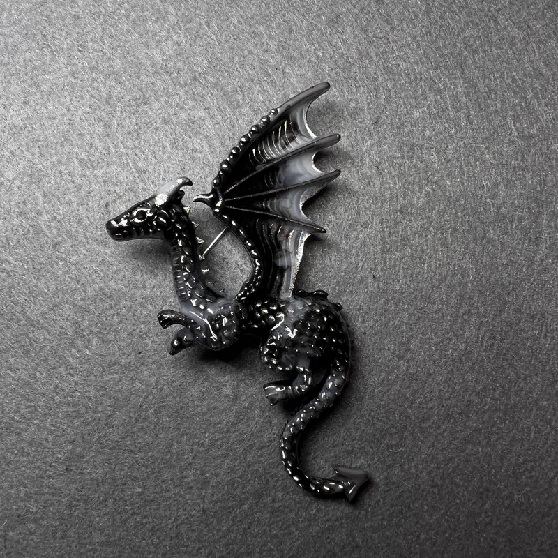 Brooch Dragon gray and black enamel silver-tone metal 42x66mm