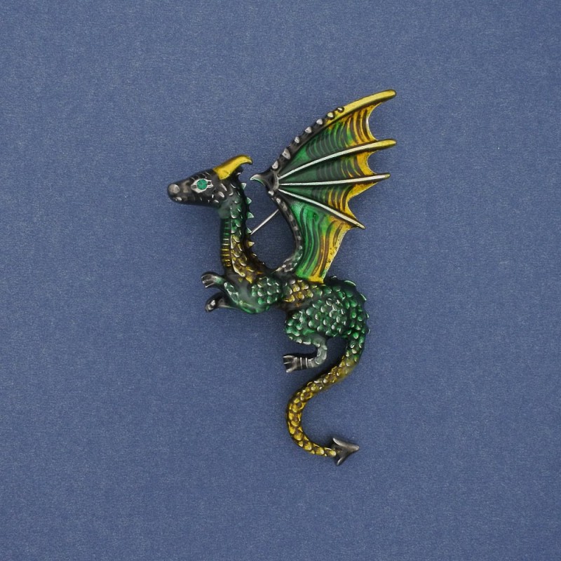 Brooch Dragon green and yellow enamel silver metal 42×66mm