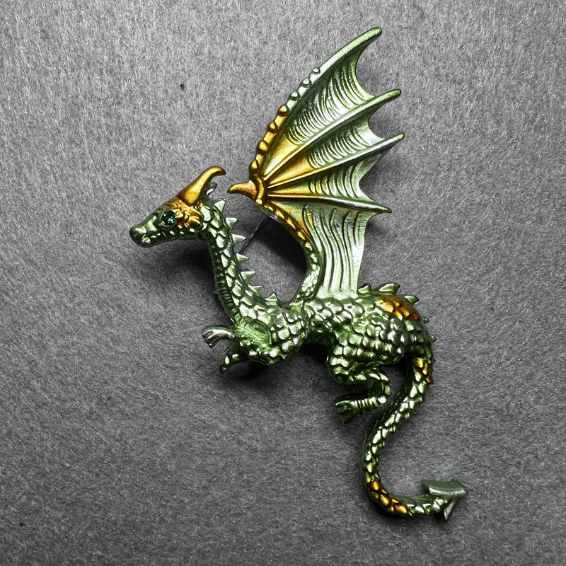 Brooch Dragon matte salad-green and yellow enamel silver metal 42x66mm