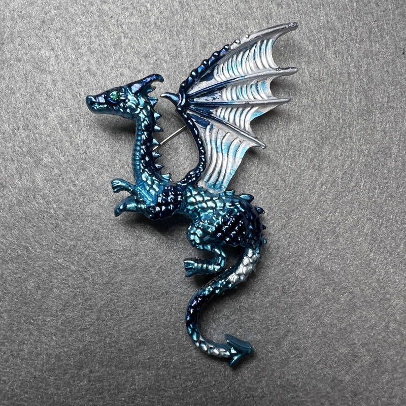 Brooch Dragon blue enamel silver metal 42×66mm