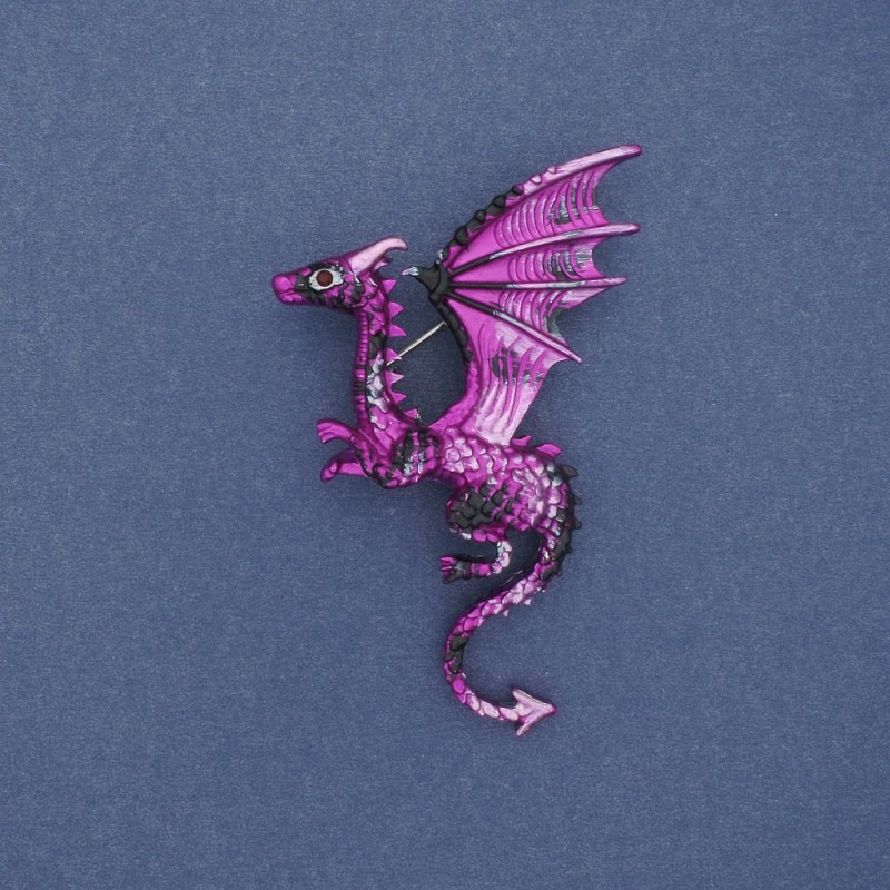 Brooch Dragon matte raspberry and black enamel silver metal 42x66mm