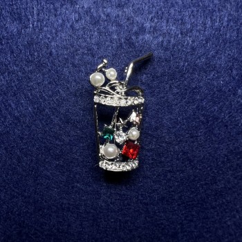 Brooch Cocktail with colorful rhinestones and beads, silver metal 15x35mm