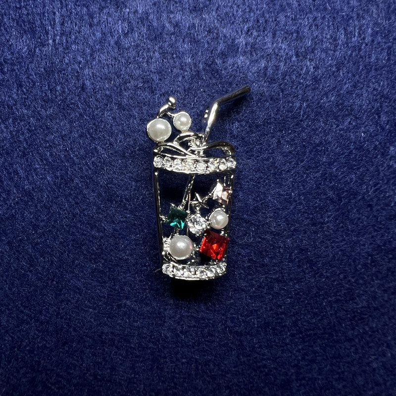 Brooch Cocktail with colorful rhinestones and beads, silver metal 15x35mm