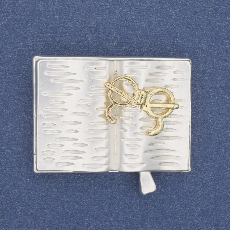 Brooch Book with Glasses light gray and golden enamel, silver metal 35x26mm