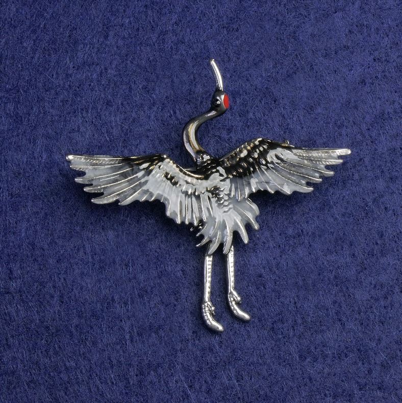 Brooch Crane Gray and Black Enamel, Silver Metal 47x45mm