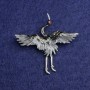Brooch Crane Gray and Black Enamel, Silver Metal 47x45mm