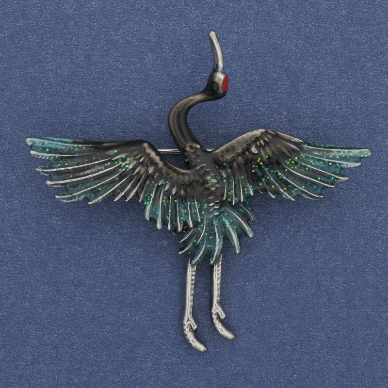 Brooch Crane black and green enamel, silver metal 47x45mm