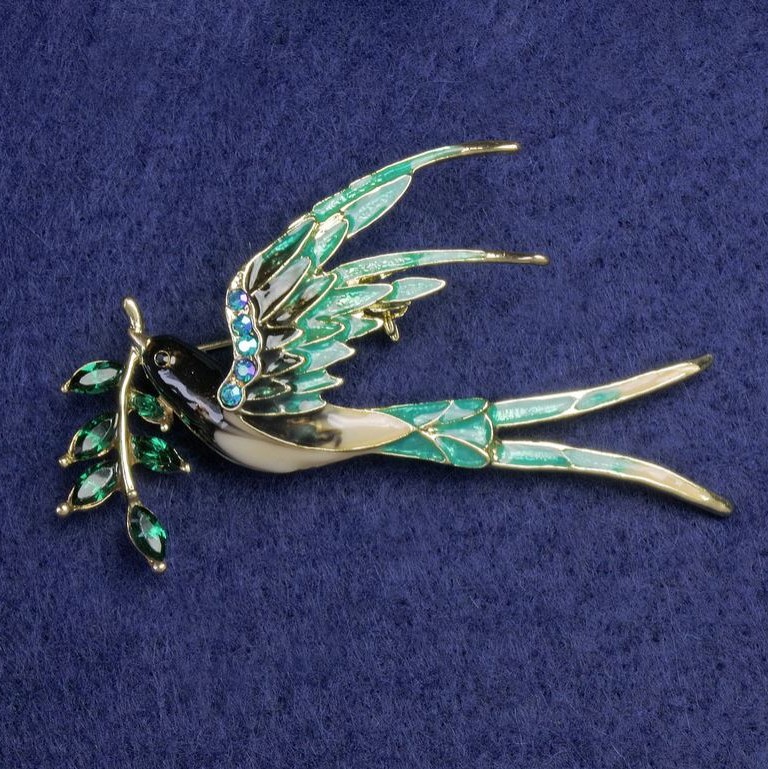 Brooch Bird with Branch in Beige and Green Enamel, Green Crystals, Blue Rhinestones on Gold-Tone Metal 62x48mm