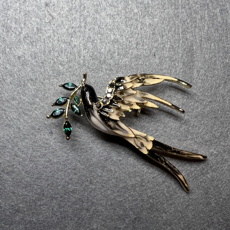 Brooch Sparrow with Branch in Black and Beige Enamel, Green Crystals, Black Rhinestones on Golden Metal 62x48mm