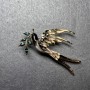 Brooch Sparrow with Branch in Black and Beige Enamel, Green Crystals, Black Rhinestones on Golden Metal 62x48mm