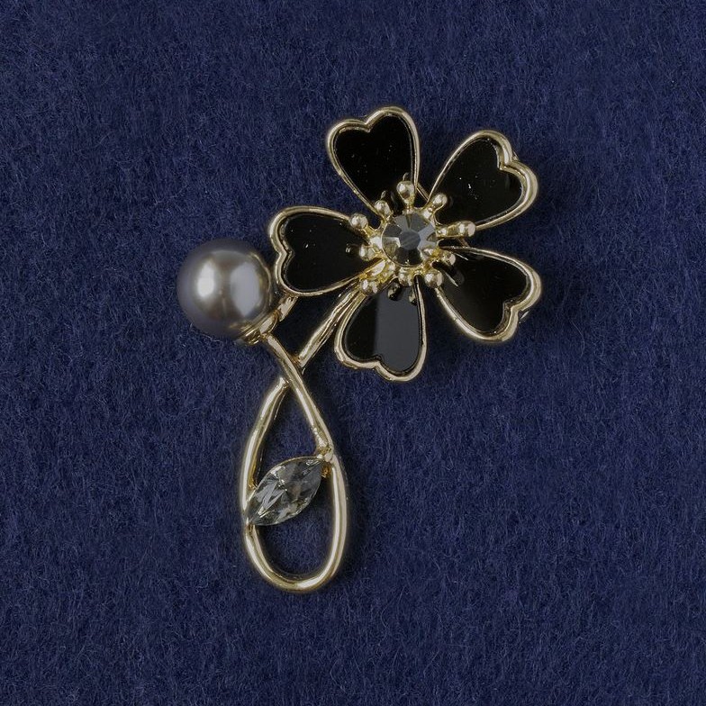 Brooch Flower Black Nacre, Crystal, Bead, Gold-tone Metal 33x51mm