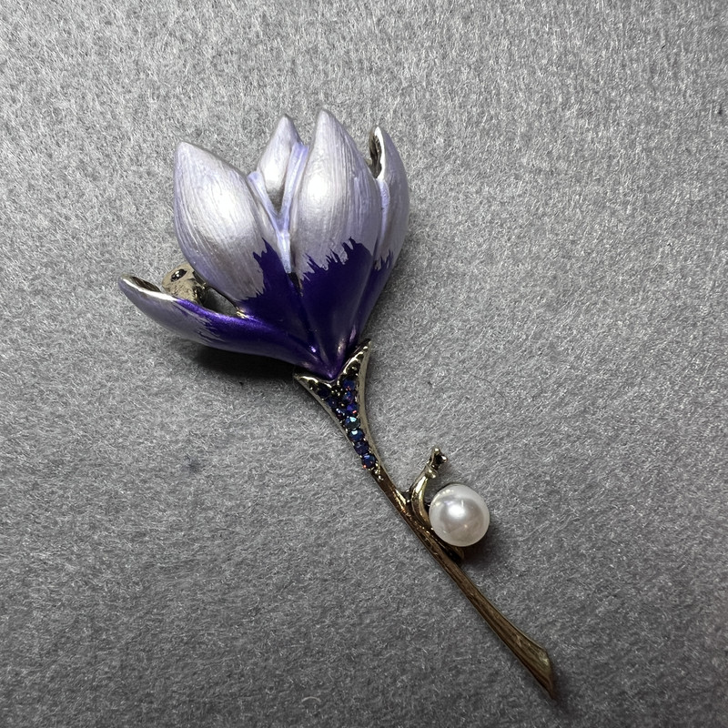 Brooch Magnolia Flower purple and violet enamel, blue rhinestones, white bead, golden metal 29×65 mm