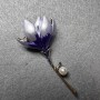 Brooch Magnolia Flower purple and violet enamel, blue rhinestones, white bead, golden metal 29×65 mm