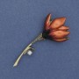 Brooch Magnolia Flower red enamel, black rhinestones, gray bead, golden metal 29x65mm