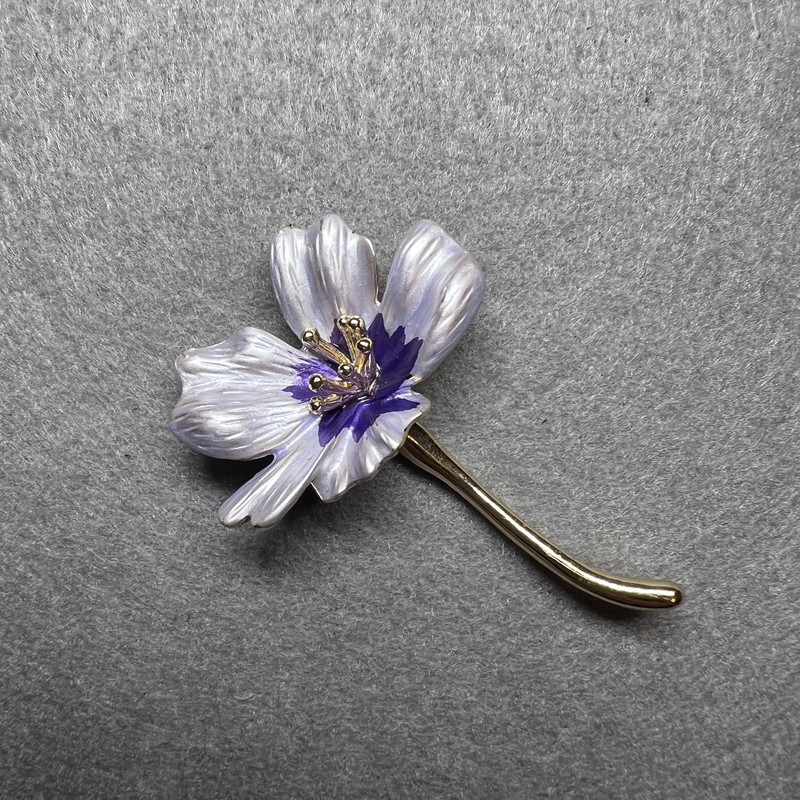 Brooch Flower Cosmos Blue Enamel, Gold-Tone Metal 34x52mm