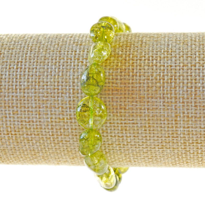 Olive Crystal Bracelet, olive-toned glass with Olivine faceting, 8×11mm beads ±, length 18cm± (stretch)