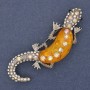 Lizard Brooch with Yellow Aquarium Effect, white and pink rhinestones, silver metal 24x71mm