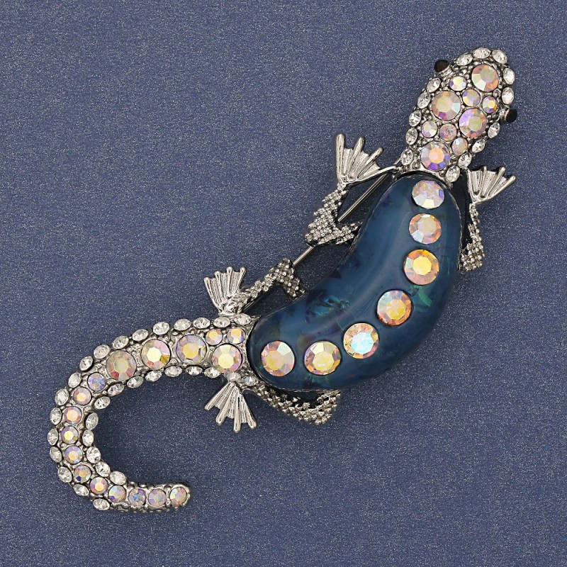 Brooch lizard blue aquarium effect, white and pink rhinestones, silver-tone metal 24x71mm