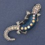 Brooch lizard blue aquarium effect, white and pink rhinestones, silver-tone metal 24x71mm