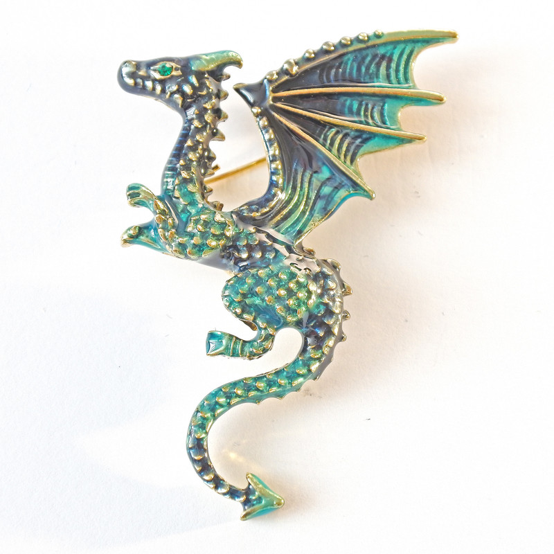 Brooch Dragon green enamel, golden metal 42x66mm