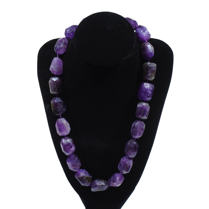 Amethyst Necklace Natural Stone Multicrystal, 15x20mm Diamond-cut, length 52cm ±