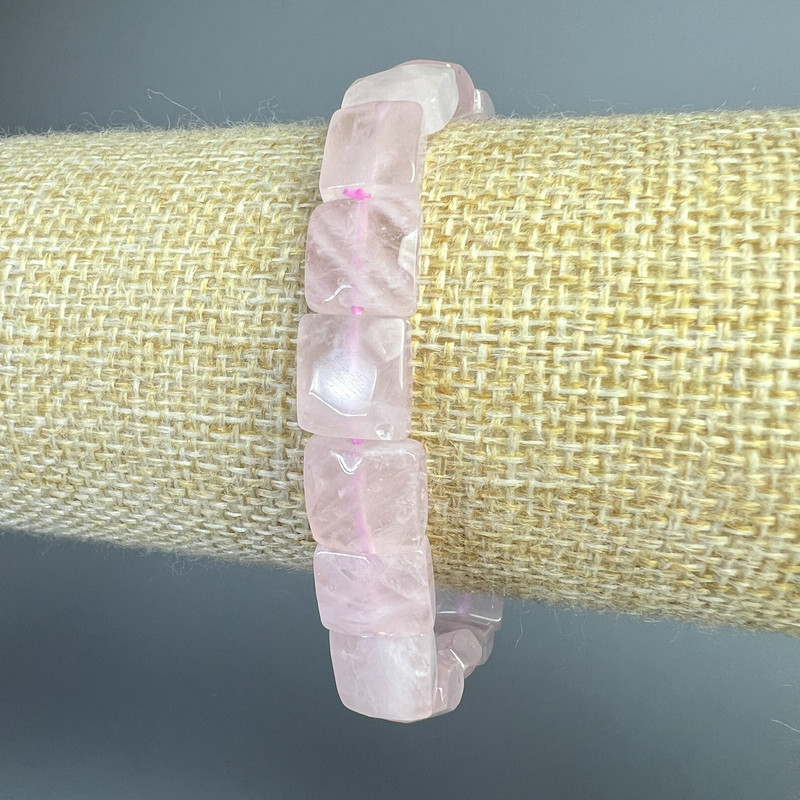 Bracelet Pink Quartz natural stone flat faceted cube, diameter 9x9x5, 5mm+-, length 18cm+- (stretch)