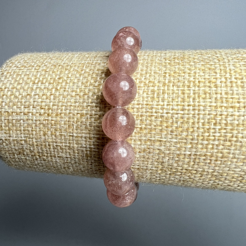 Bracelet Strawberry Quartz natural stone smooth round beads, diameter 8.5mm±, length 18cm± (stretch)