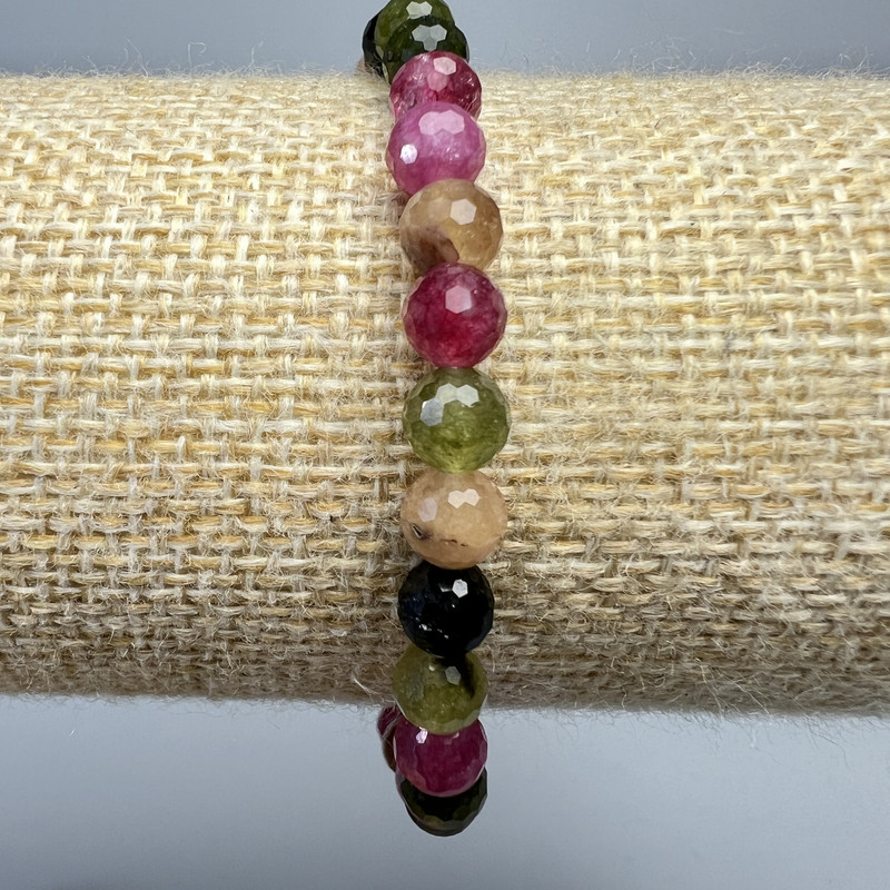 Bracelet Natural Tourmaline, faceted round beads, 6mm diameter, 18cm length, stretchy