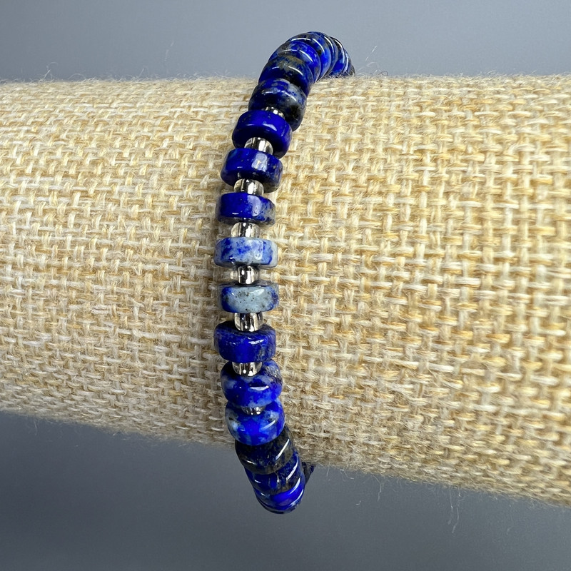 Lapis Lazuli Bracelet, natural stone disk, diameter 6x2.5mm, length 18cm ± (stretch) with seed beads