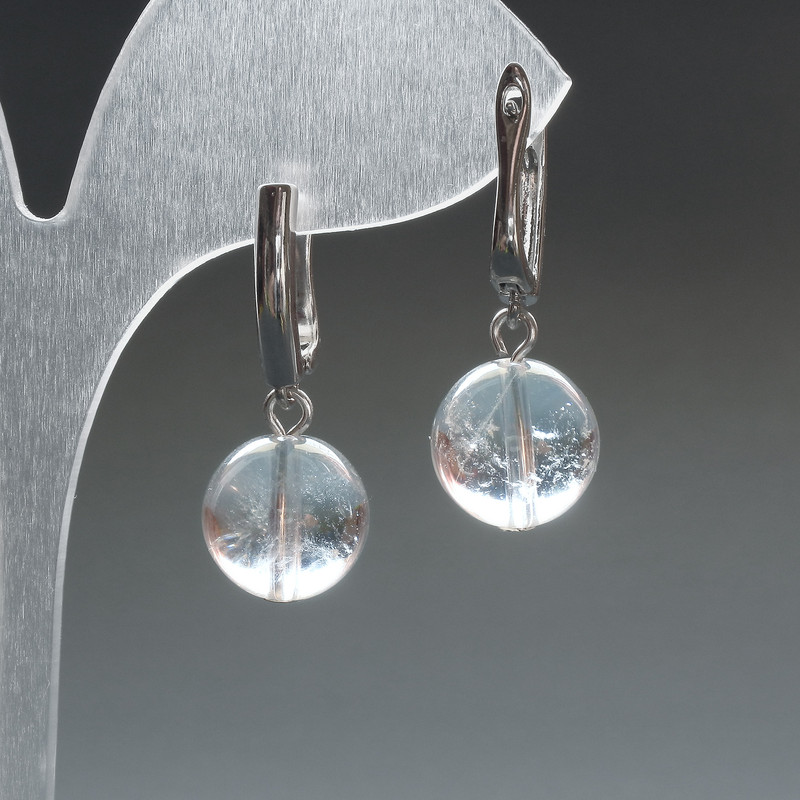 Earrings Mountain Crystal natural stone smooth bead, diameter 12.5mm±, English clasp, length 33mm+