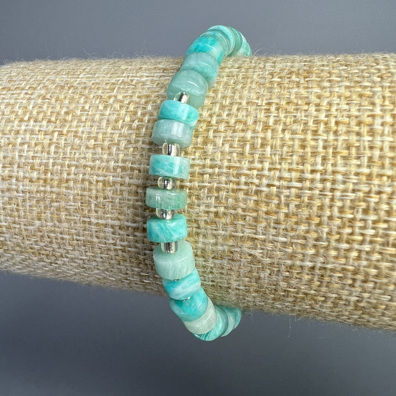 Amazonite Natural Stone Disc Bracelet, diameter 6x3mm±, length 18cm± (stretch) with beads