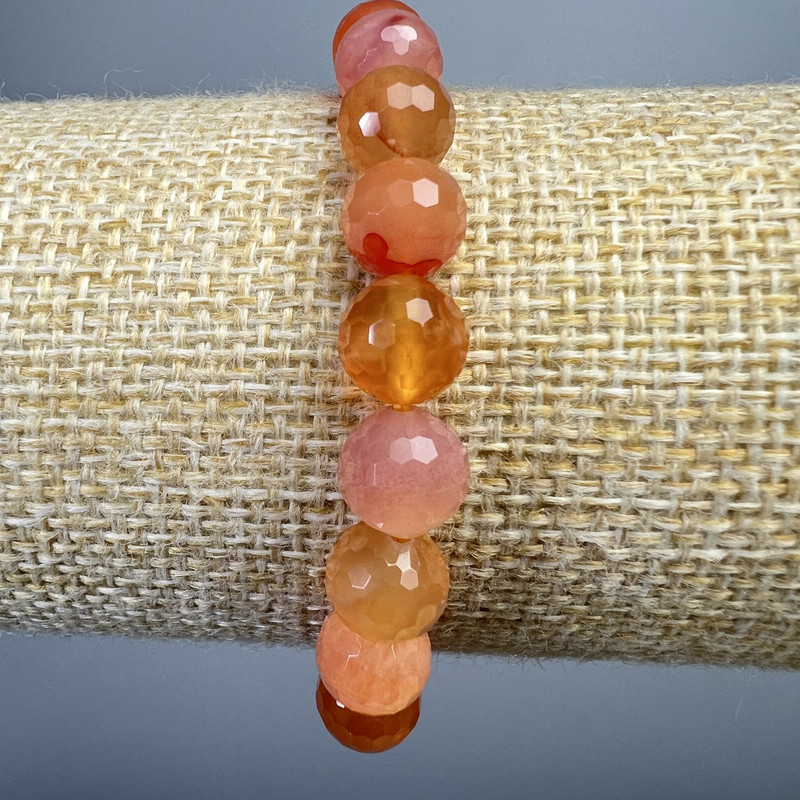 Agate Bracelet Orange Natural Stone Bead, faceted sphere, diameter 8mm±, length 18cm± (stretch)