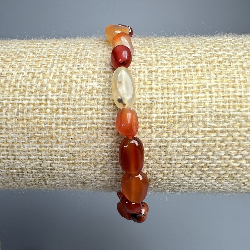 Carnelian Natural Stone Beaded Bracelet, faceted 7x12mm, stretchy, 18cm long