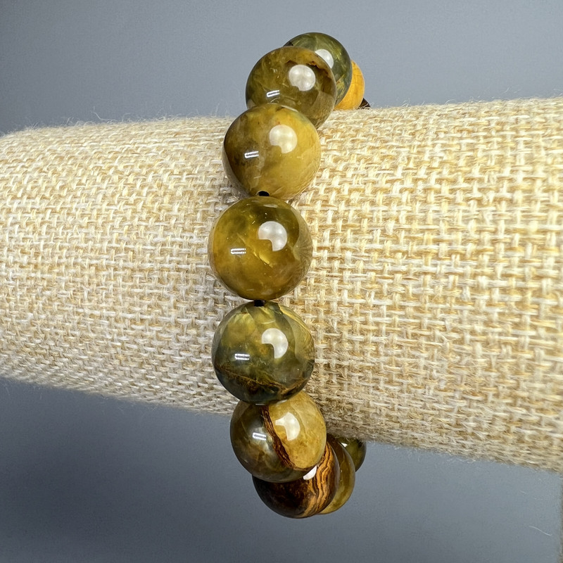 Yellow Petersite Bracelet, natural stone, smooth beads, diameter 12.5 mm±, length 18 cm± (stretch)