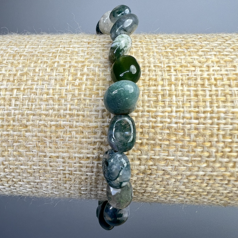 Bracelet Mossy Agate Natural Stone Bead Tumbled, diameter 7×9mm ±, length 18cm ± (stretched)