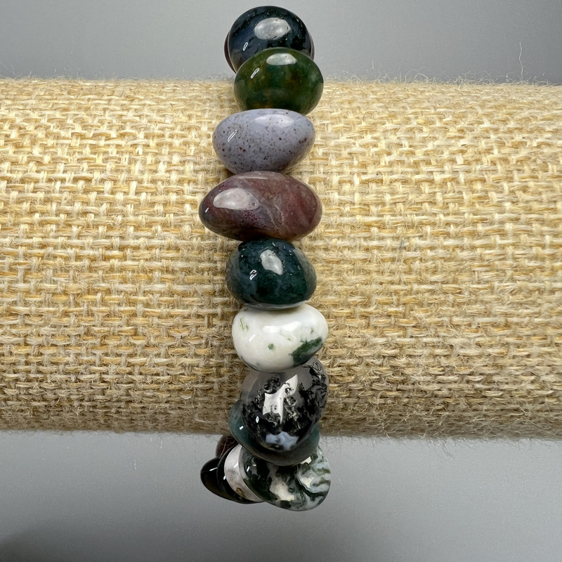 Bracelet Moss Agate Natural Stone Bead, 12×7mm hammered, 18cm length (stretch)