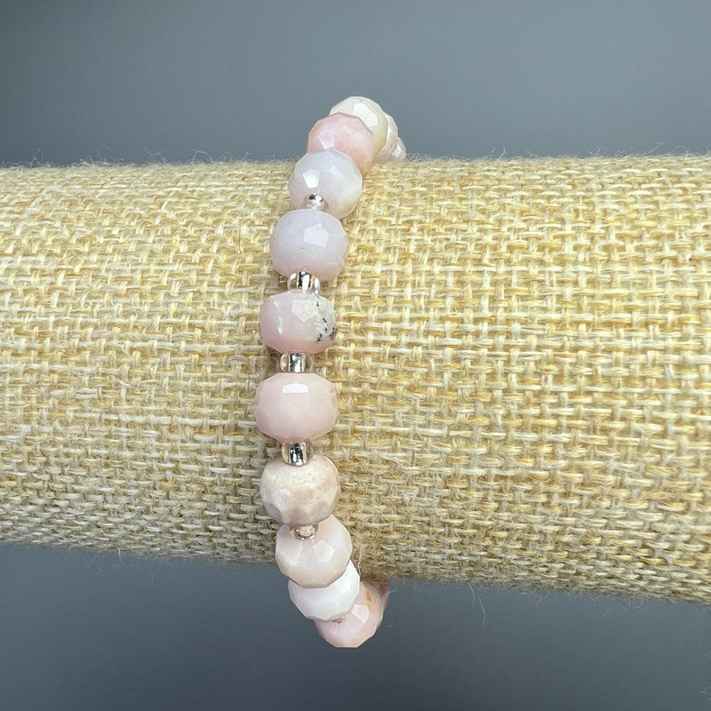 Bracelet Pink Opal Natural Stone Faceted Rondelle, 8x6mm diameter, length 18cm, stretch, with seed beads