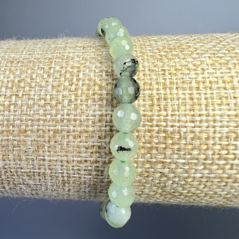 Bracelet Prehnite natural stone faceted ball, diameter 6mm±, length 18cm± (stretch)
