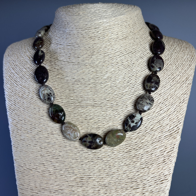 Jasper Picasso Necklace natural stone oval beads 13x18x6mm±, length 49cm ±