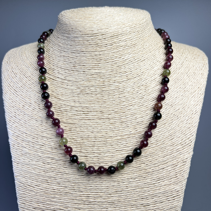 Necklace with Natural Tourmaline, Smooth Round Beads, 6.5mm ±, Length 50cm ±