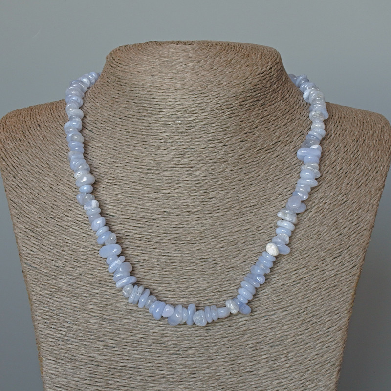 Blue Agate Necklace (Blue Chalcedony, Sapphireine) Natural Stone Faceted Beads, 8x3mm, length 48cm