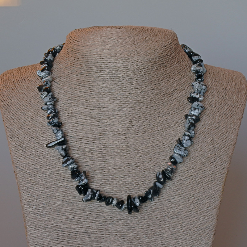 Necklace Snowy Obsidian Natural Stone Granules, 9x4mm ±, length 47cm ±